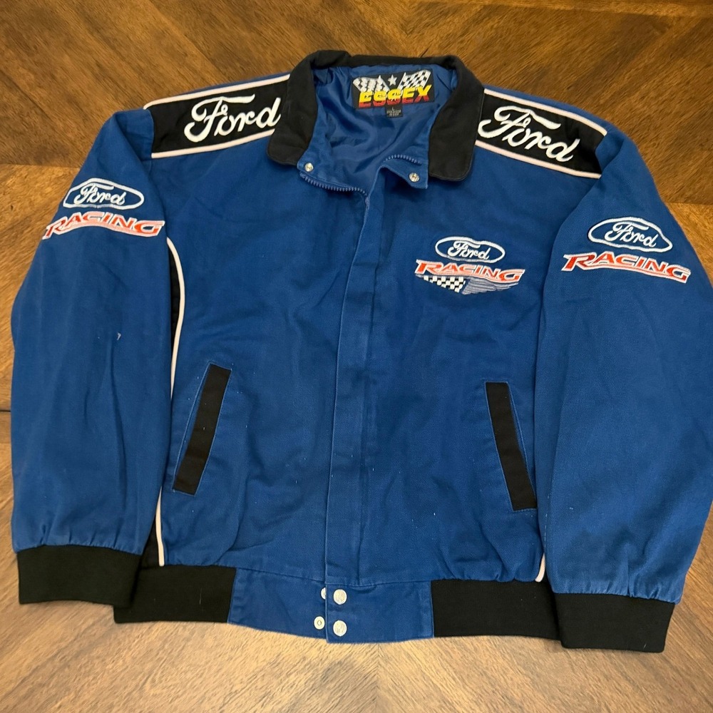 Vintage Essex Ford Racing Jacket Blue Black Embroidered Twill Bomber Mens Large